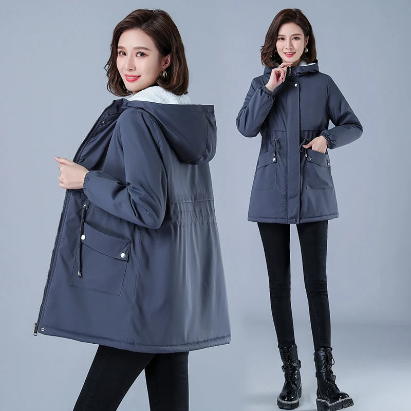 Winter Jacket Cotton Warm Puffer Coat Women Casual Parkas With Lining Plush hooded trench Outwear Women's Clothes