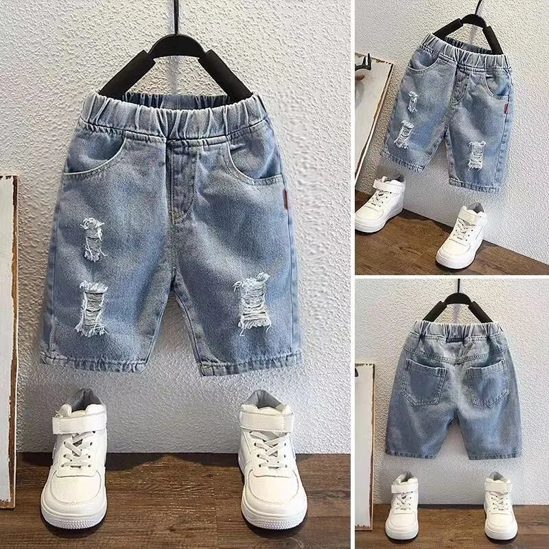 Boys Ripped Jeans Five Quarter Pants Children 2024 Summer Thin Children's Shorts Baby Korean Soft Outside Wear