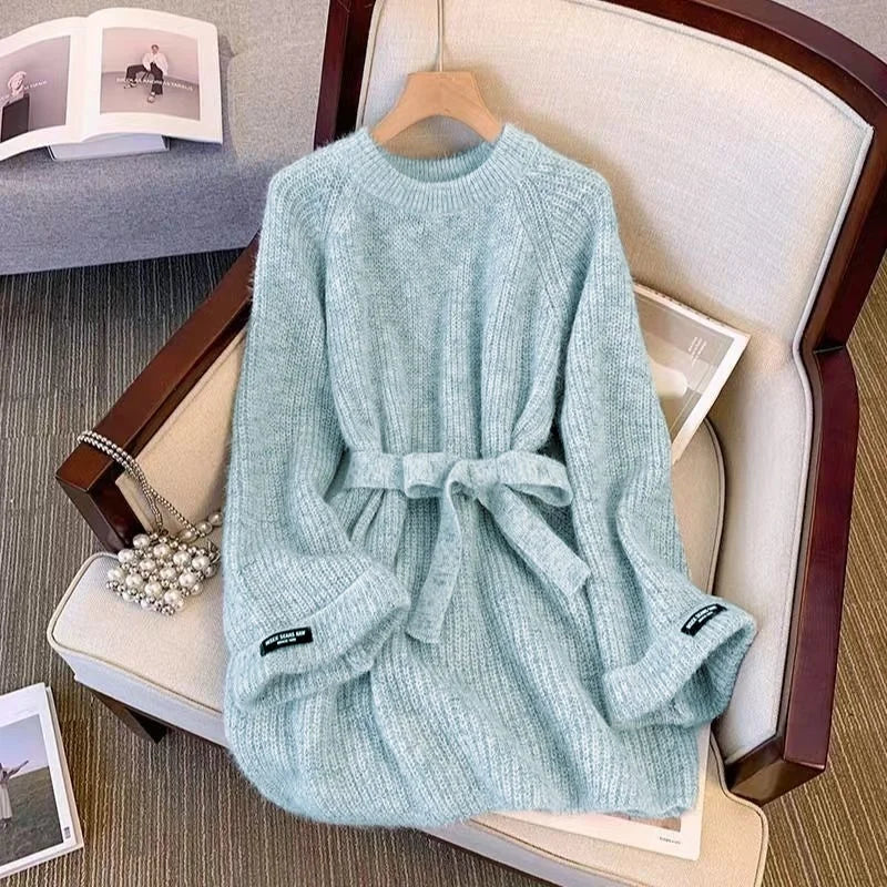 Elegant Matching Office Lady's Knitted Dress Korean New In Women's Sweater Dress Sash O-Neck Long Sleevet Pullover Chic Knitwear