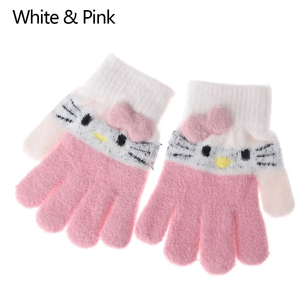 Cute Cat Design Kids Gloves Full Fingers Knitted Gloves Boys And Girls Winter Warm Mittens for 4-10 Years Kids