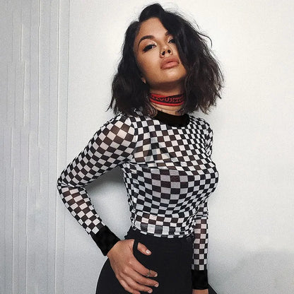 Sexy black white plaid checkerboard t-shirts for women Hollow out slim top female t-shirt long sleeve tee shirts