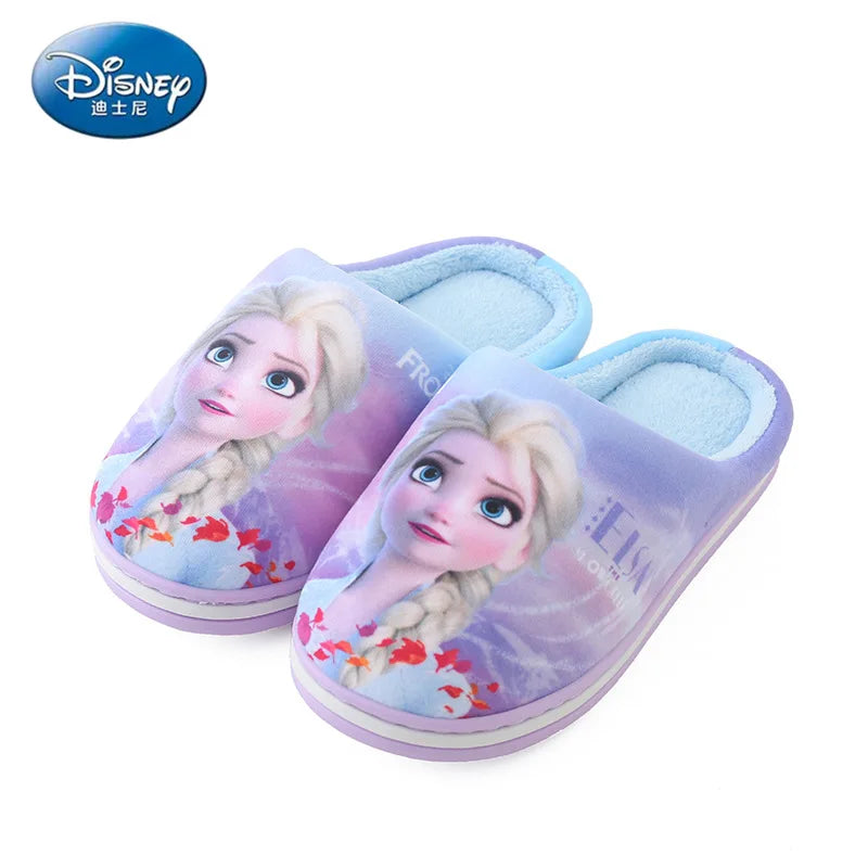 Disney Home Winter Slippers Cartoon Frozen Princess Elsa Cotton for Children in Winter Warm and Anti slip Indoor Blue Shoes Size