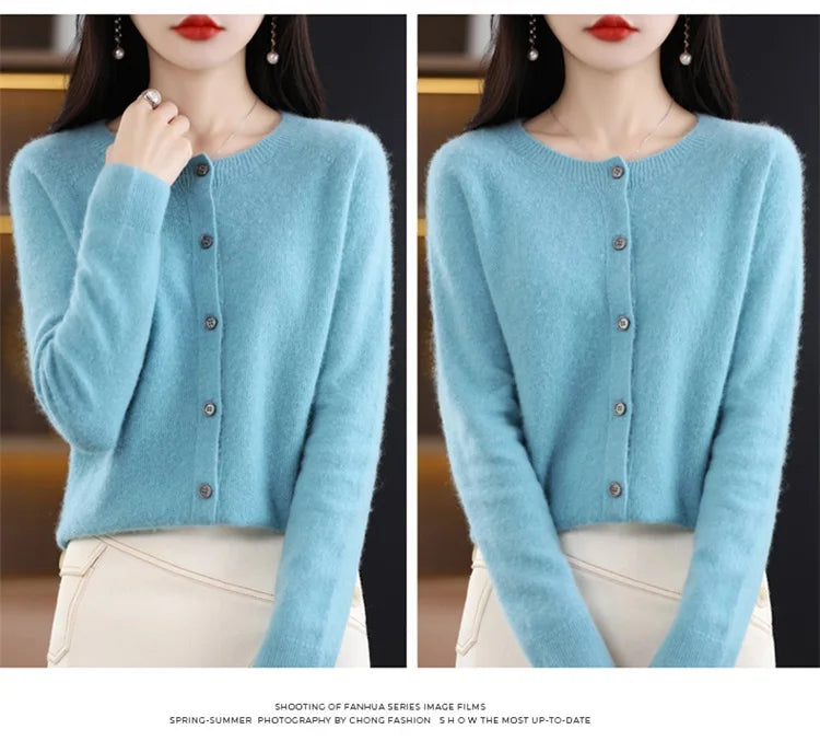 2024Spring and Autumn  New 100% pure merino cashmere sweater women's O-neck cardigan loose long-sleeved sweater top