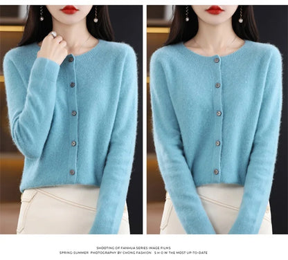 2024Spring and Autumn  New 100% pure merino cashmere sweater women's O-neck cardigan loose long-sleeved sweater top