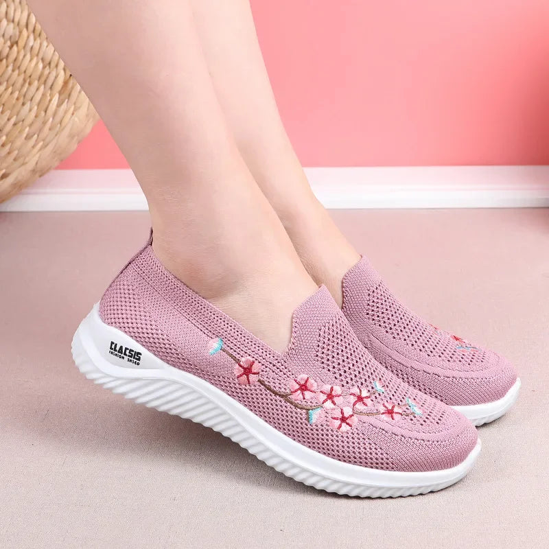 Women Sneakers Mesh Breathable Floral Comfort Mother Shoes Soft Solid Color Fashion Female Footwear Lightweight Zapatos De Mujer