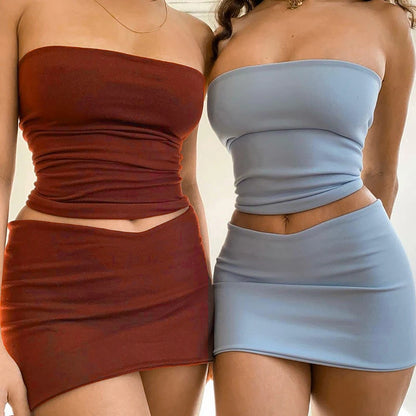 Sexy Slim Backless Tube Tops Solid Sleeveless Off Shoulder Summer Women Crop Tops Mini Skirt Suit