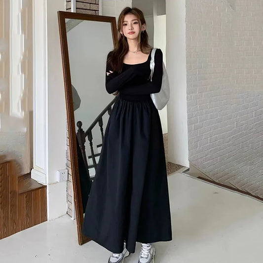 Autumn Long Sleeve Black Dress Women Korean Elegant Slim Square Collar Midi Dress Female Hepburn Style All-Match A Line Dress