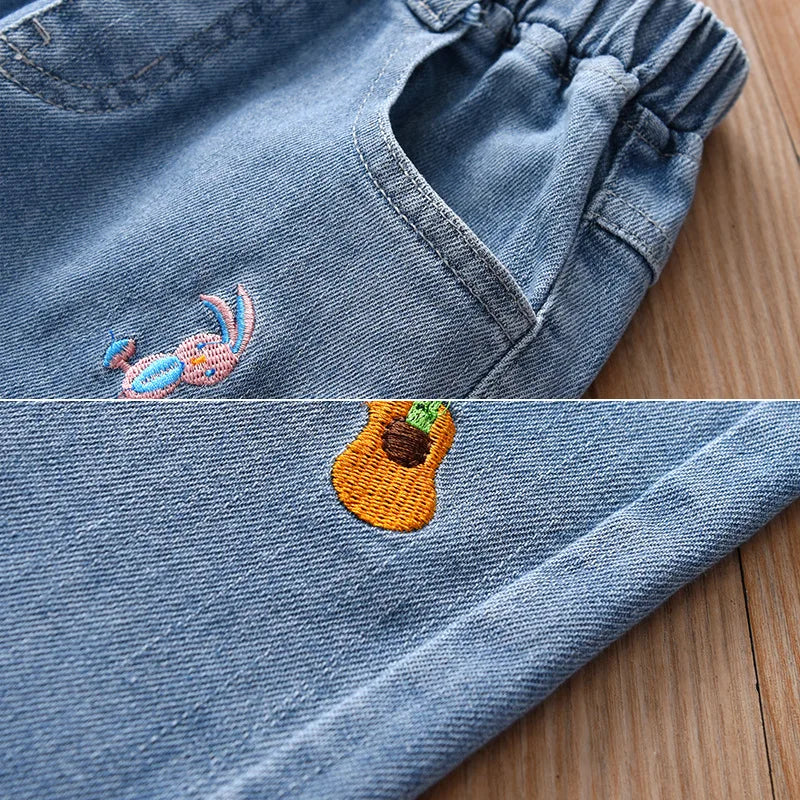 Girls Cartoon Embroidery Jeans 2023 Fashion Autumn New Baby Kids Casual Elastic Waist Pockets Denim Pant Cotton Children's Pants