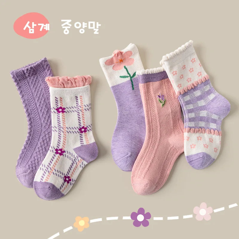 5 Pairs Autumn Socks Girls Yellow Floral Pattern Socks A Class Cotton Baby Socks Children Medium Socks Kids Socks