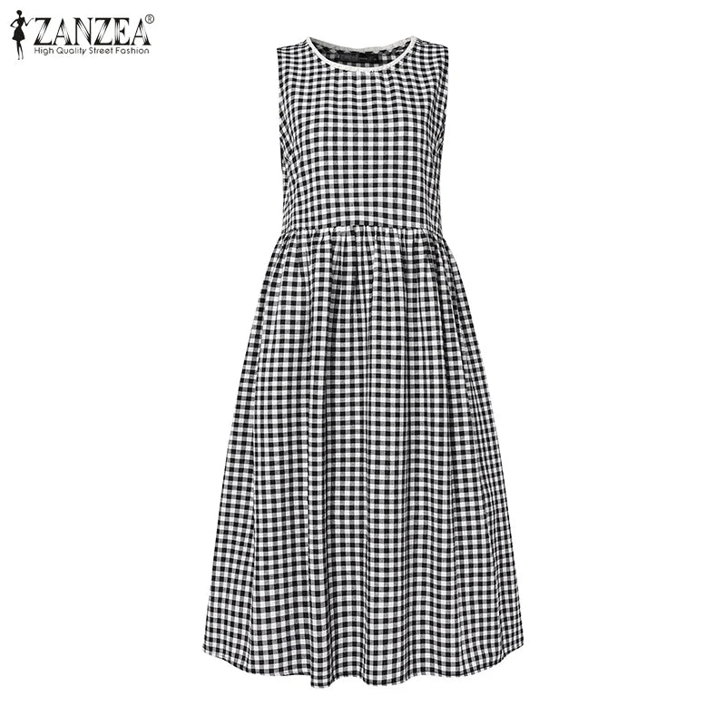 ZANZEA Vintage Summer Ruffles Sundress Casual Bohemian Fashion Beach Party Midi Vestido Women Sleeveless Plaid Checked Dress