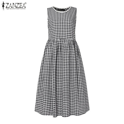 ZANZEA Vintage Summer Ruffles Sundress Casual Bohemian Fashion Beach Party Midi Vestido Women Sleeveless Plaid Checked Dress