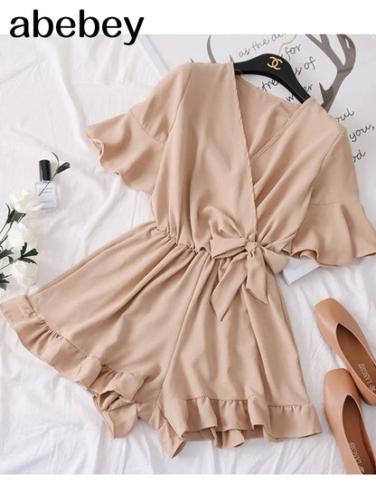 Women Rompers casual wide leg pants overalls short sleeve v neck solid playsuits summer beach chiffon ruffle jumpsuits