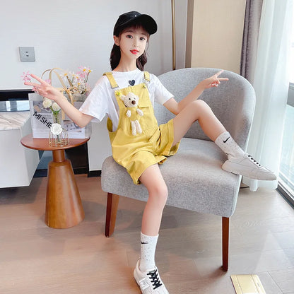 3-10 Years Girls Suspender Jeans Cute Bear Doll Overalls New Fashion Korean Teenage Girls Denim Shorts Children Birthday Present