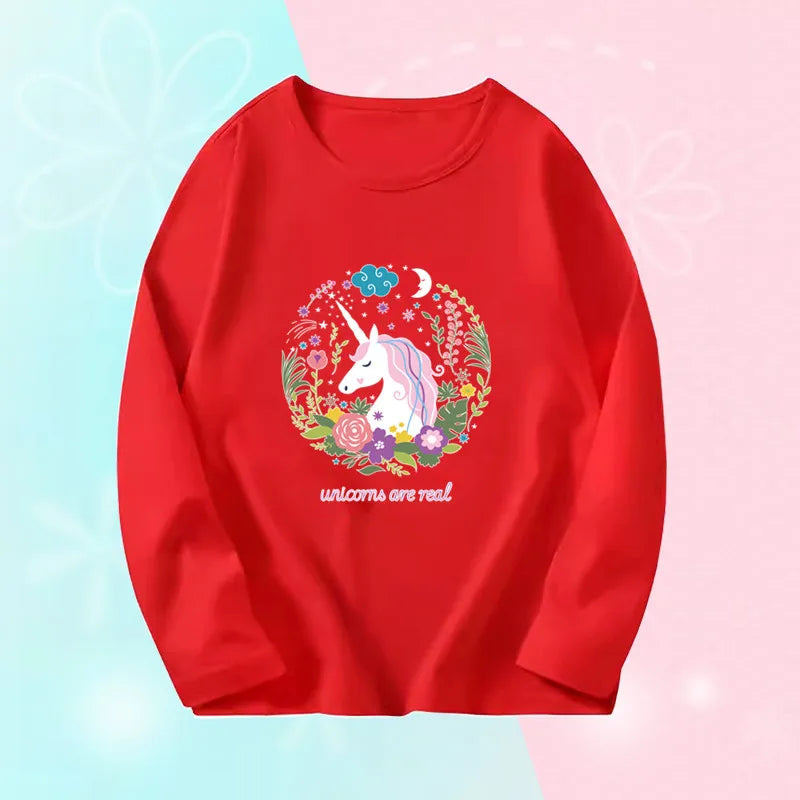 3~14Years Girl's Spring Autumn T-shirts Baby Girl Long Sleeve Cotton T-shirts Children Purple Cute Unicorn Tee Tops