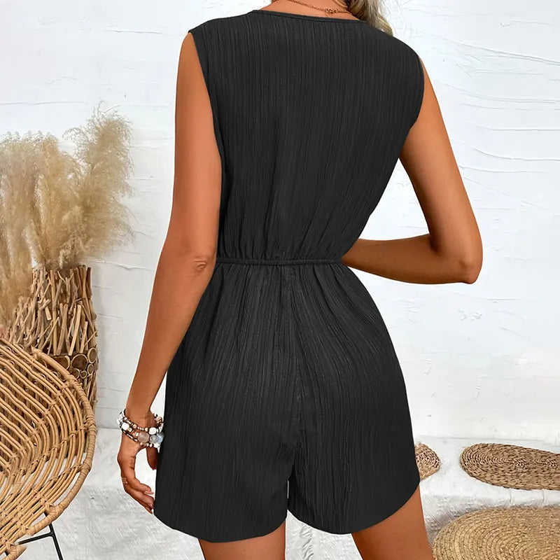 Jump Suit Women's Casual V-neck Monochromatic Jumpsuit Five-Point Shorts European and American Summer New Overalls Playsuits