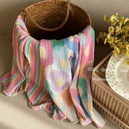 Fashion Kids Clothes Girls Pants Cute Flower Wide-leg Pants Baby Girls Spring Summer Casual Pants Rainbow Striped Loose Pants