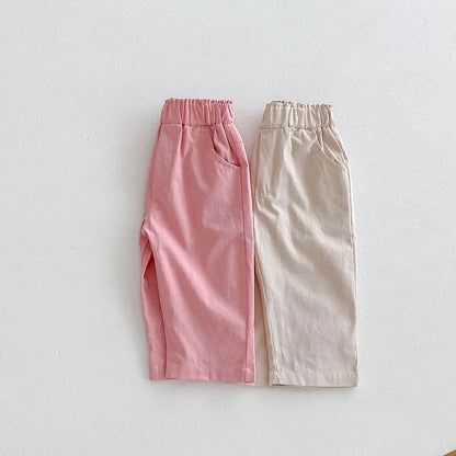 Kids Autumn Casual Pants Children Solid Elastic Waist Trousers Girls Sweet Pink Soft Loose Pants