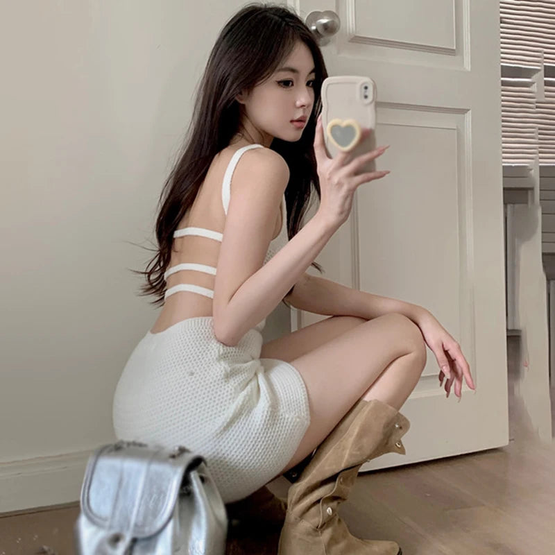 Knitted Suspender Dress Women Backless Short Style Sexy Hip Wrap Solid Colour Seaside Vacation Versatile Casual Summer