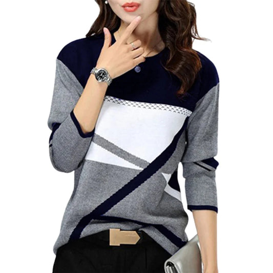 Women Chic T-Shirt Fashion Color Contrast Geometry Print Tops Female Autumn Winter O Neck Long Sleeve Loose Large Size Tees 5XL