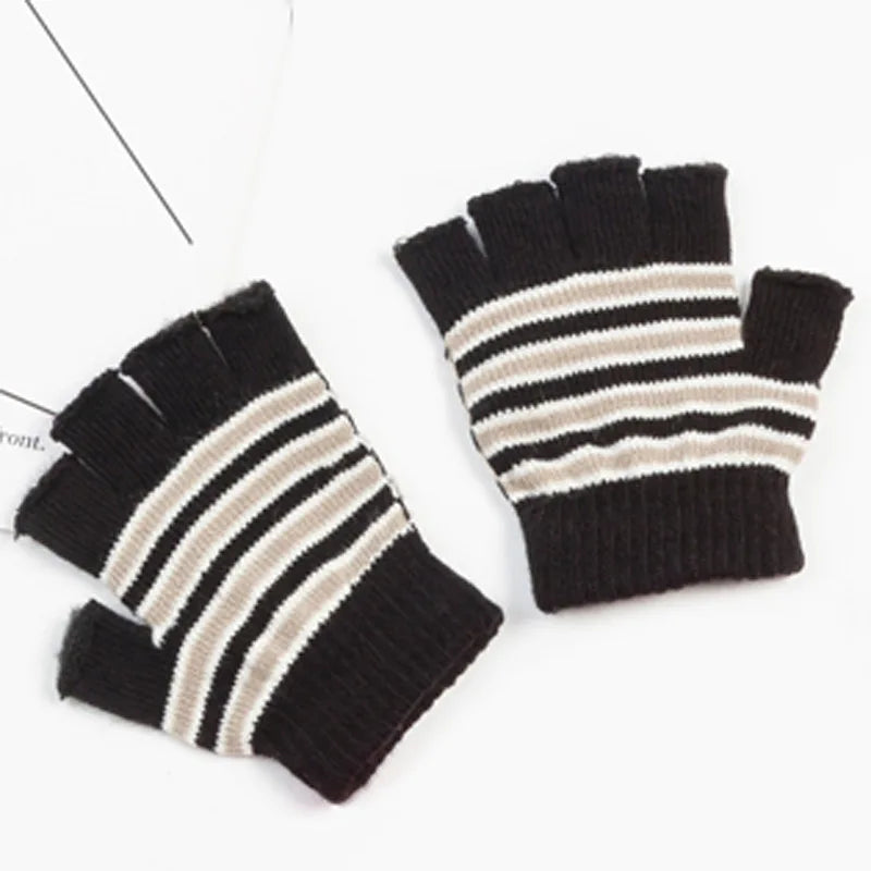 Striped Knitted Thick Warm Gloves Kids Winter Soft Mittens Children Half Finger Gloves 7-10 Years