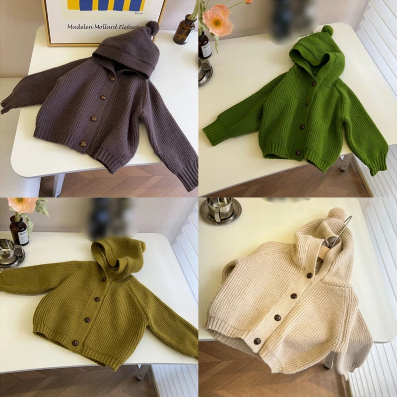 Children Knitted Sweaters Cardigan Autumn Winter Cute Solid Color Single-Breasted Hooded Coat Baby Cardigan Boys Girls Jacket