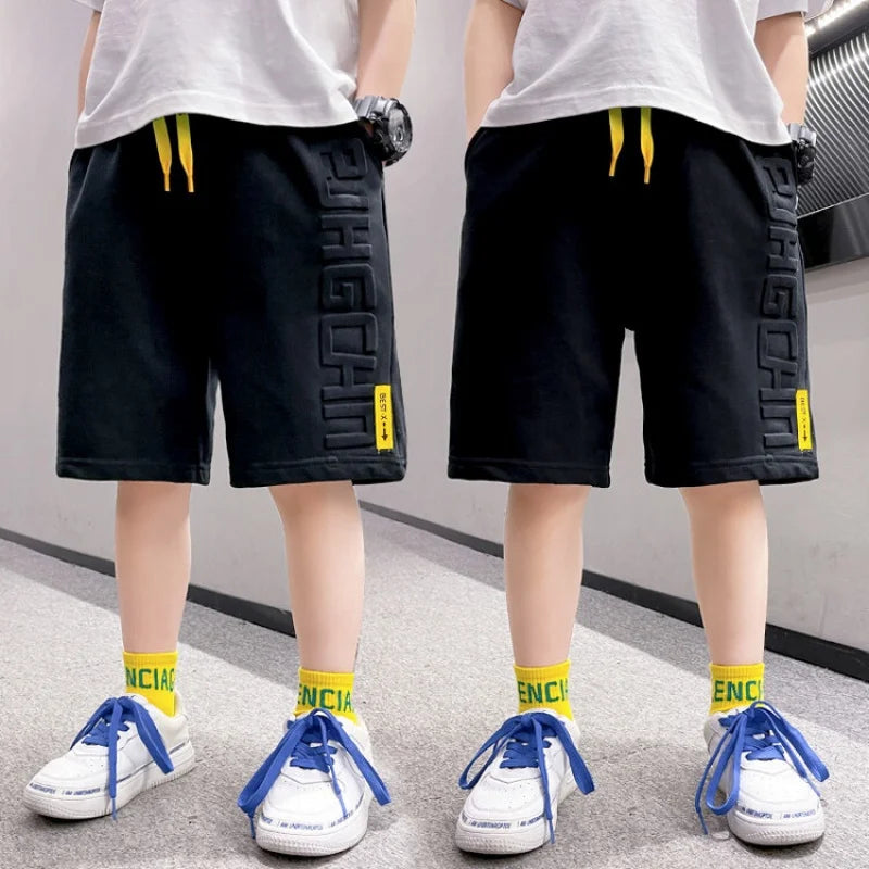 Boys Summer Casual Shorts Cotton Solid  Patchwork Breathable Loose Straight Wide Leg Shorts Korean All-Matching Casual Pants6-15