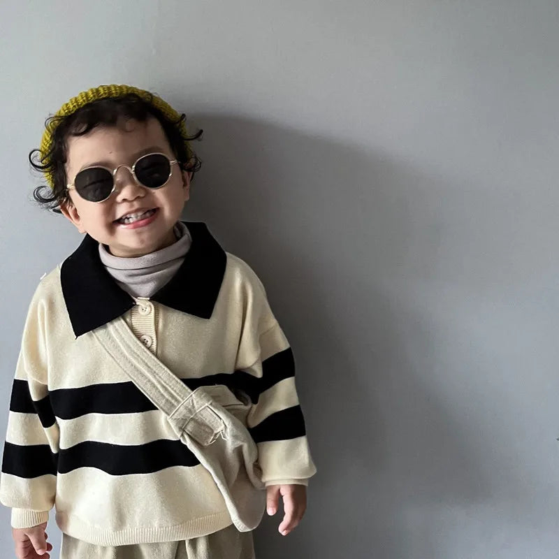 Autumn New Children's Sweater Two button striped polo knit sweater Kids Tops Boys fashion loose Knit wear