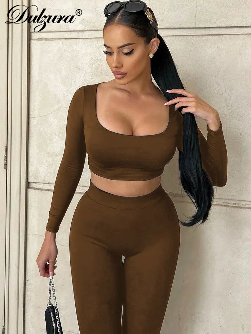 Dulzura Pure Solid Matching Suit Villus Crop Top Long Pants Sexy Y2K 2023 Autumn For Women Co Ords Set Sheath Wholesale Sexy