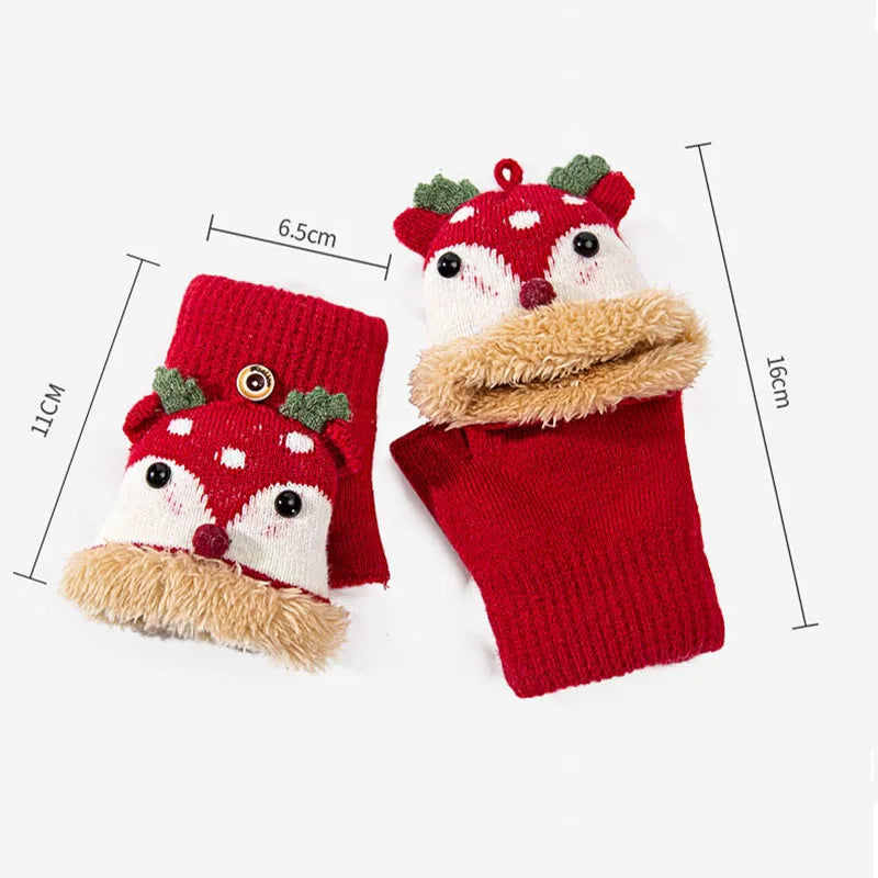 4-12 Years Children Gloves Winter Girls Knitted Half Finger Flip Gloves Plush Thick Warm Cartoon Boy Christmas Deer Kids Mittens