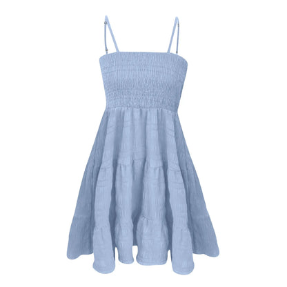 Bohemian Beach Sundress Women Sexy Sleeveless Backless Big Swing Mini Dress Solid Spaghetti Strap Ruffles Dresses Vestidos