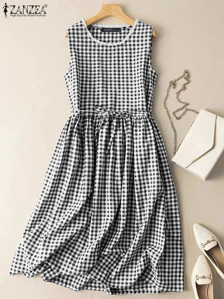 ZANZEA Vintage Summer Ruffles Sundress Casual Bohemian Fashion Beach Party Midi Vestido Women Sleeveless Plaid Checked Dress