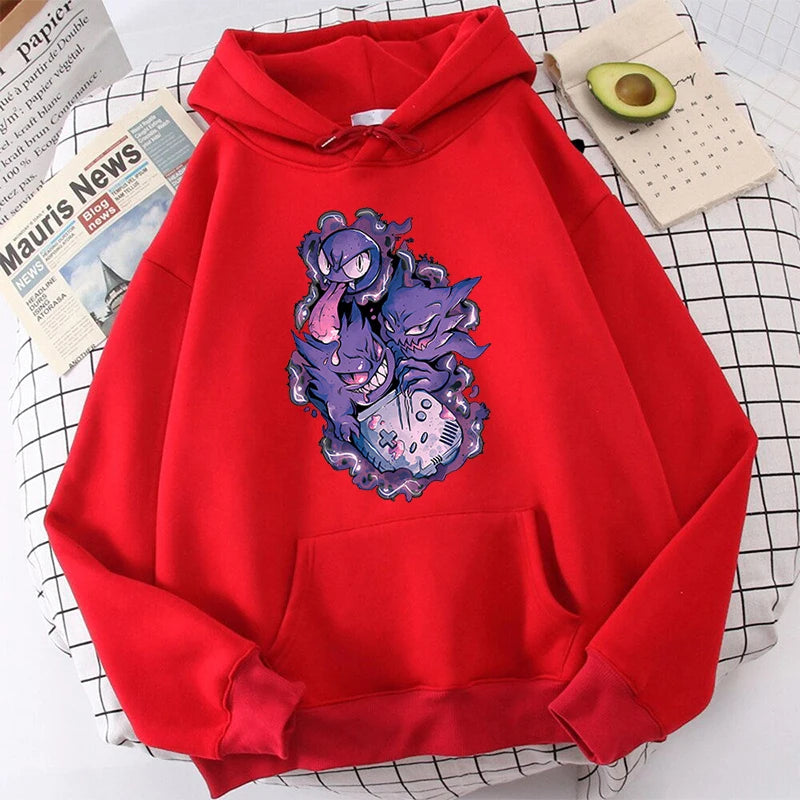 Pokémon Print Women's Plush Hoodie Red Sports Sweater Loose Top