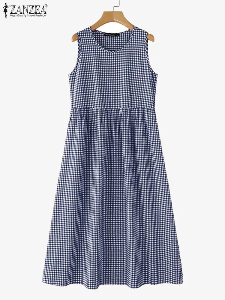 ZANZEA Summer Plaid Checked Sundress Bohemain Holiday Dresses Women Elegant O Neck Sleeveless Dress Casual Baggy Work Vestidos