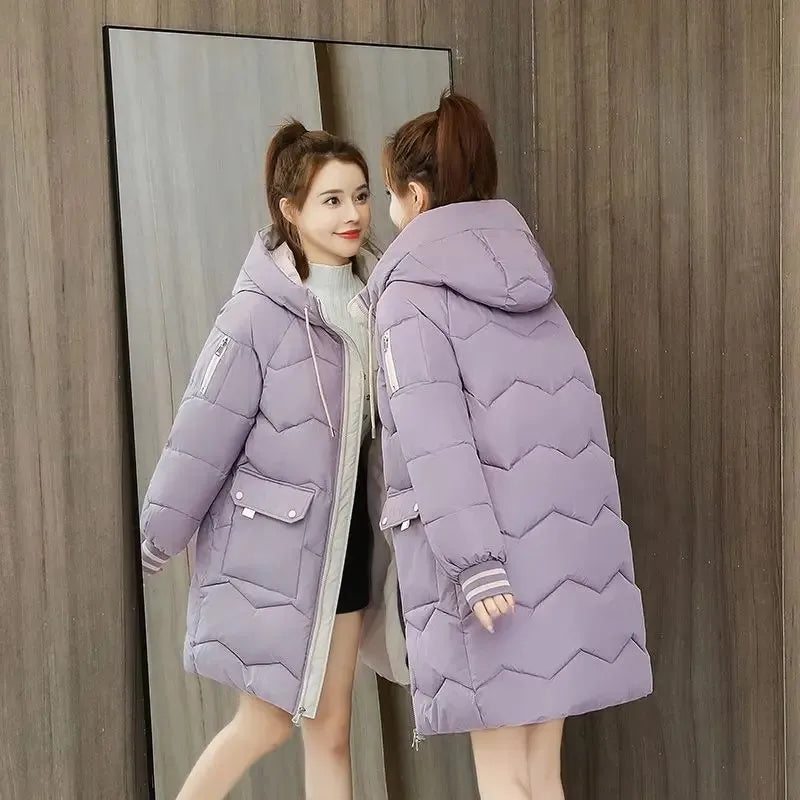 2024 Winter Women's Down Cotton Hooded Coat Jacket Long Coat Thick Warm Jacket Windproof Casual Student Coat