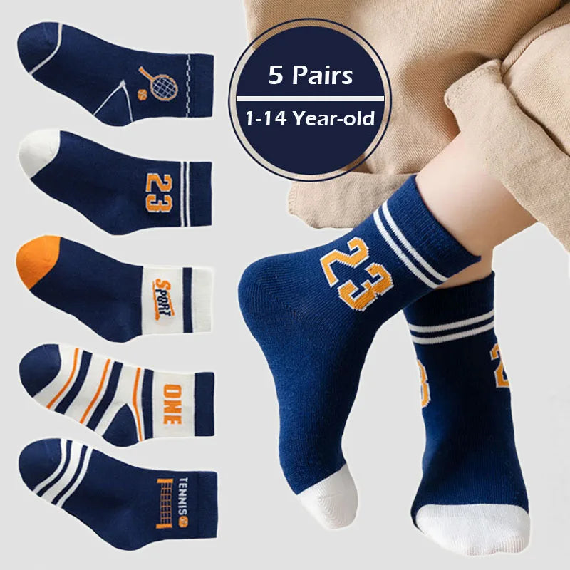 5 Pairs Children's Socks Spring Autumn Cotton Socks Kids Boys Sport Sock 1-14T Baby Cartoon Letter Pattern