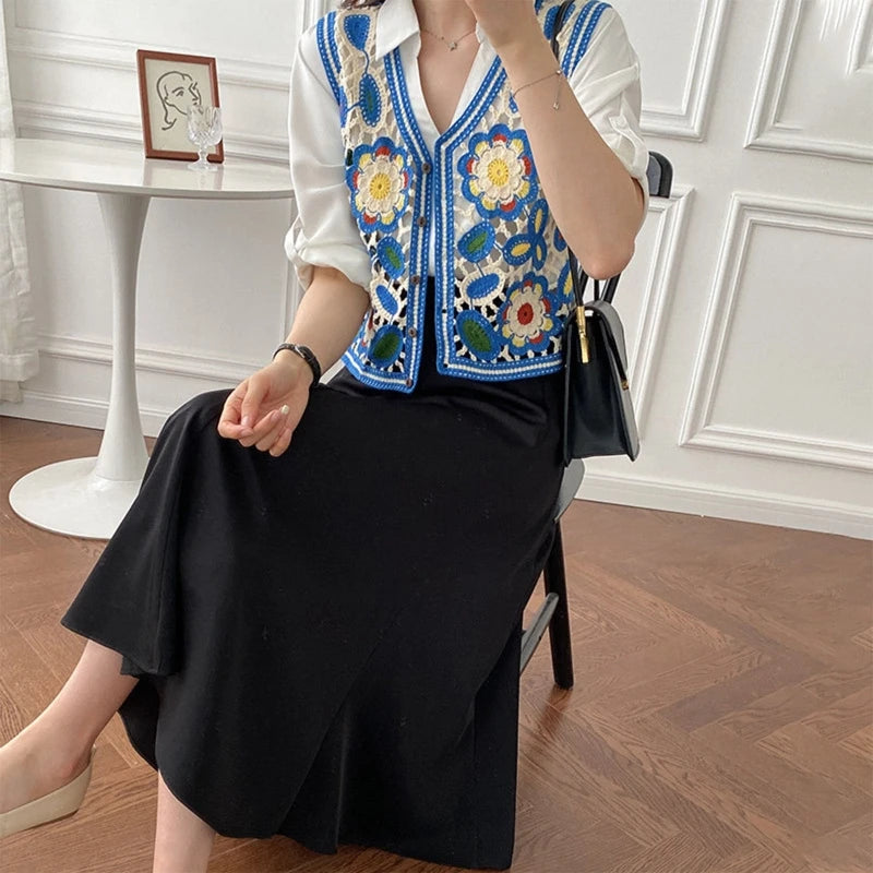 Lovely Women Summer Waistcoats Sleeveless Button Down Crochet Ins Floral Knit Cardigan Tops Ins Korean Female Outerwear M6CD