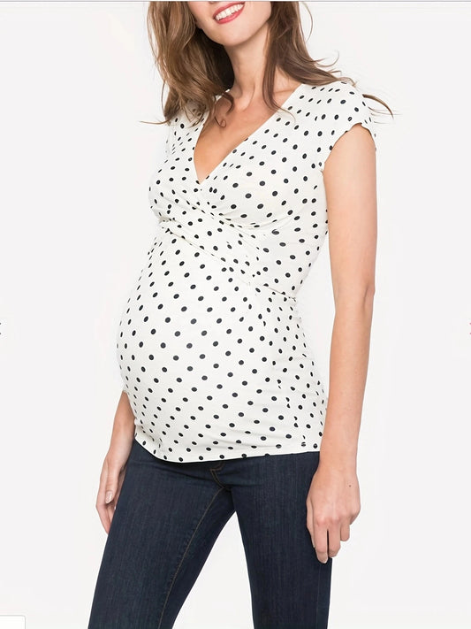 Summer polka dot short sleeved V-neck breastfeeding maternity shirt