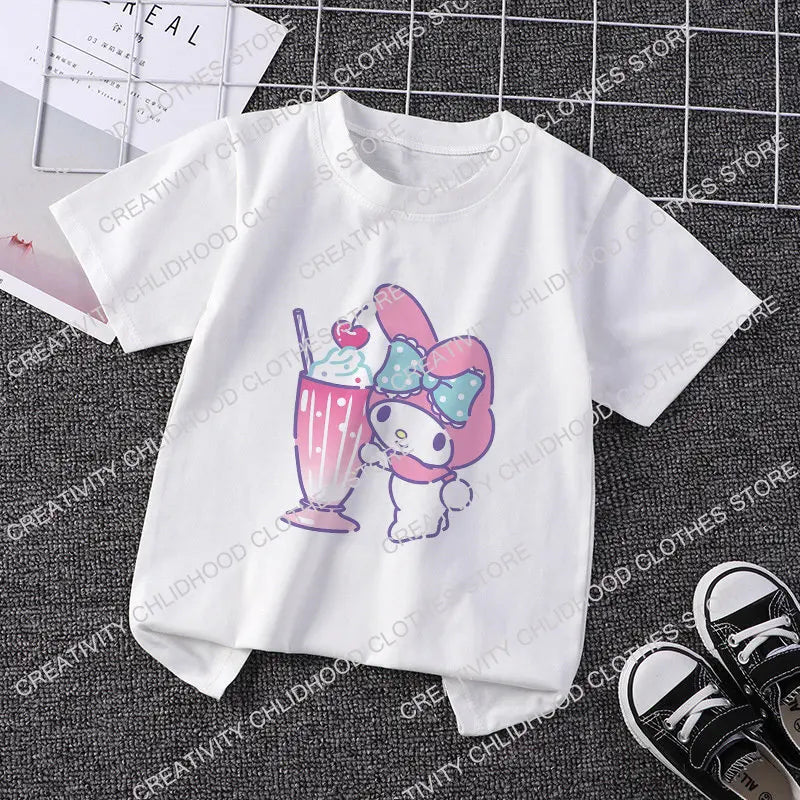 Sanrio Children T-shirt Kawaii T Shirt Hello Kitty Cinnamoroll Cartoons Casual Clothes Anime Tee Shirts Kid Clothing for Girls