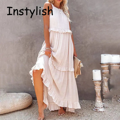 Women Casual Solid Ruffles Long Dress Summer Elegant Sleeveless Sundress Elegant Harajuku Maxi Dress Beach Party Evening Vestido