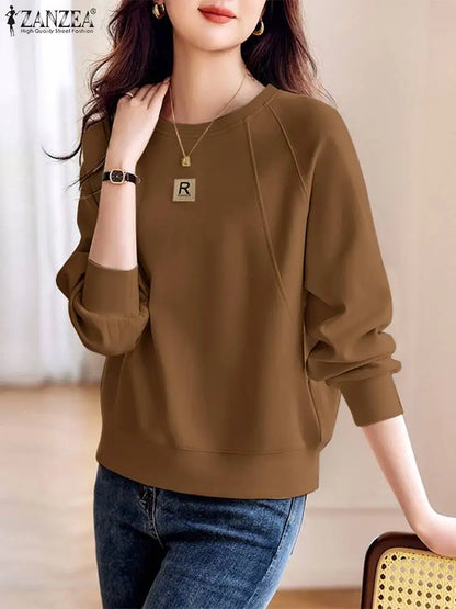 ZANZEA Vintage Sweatshirts Women Autumn  Hoodies Elegant Work Tops O Neck Casual Long Sleeve Blusas Female OL Shirt Oversize