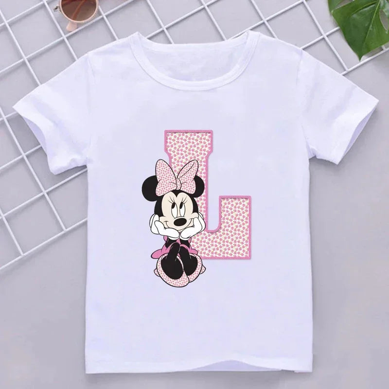 Minnie Children Cotton T-Shirts Letter A-Z Name Combination Disney Kawaii Cartoons Clothes Kids Little Boy Girl Tee Casual Tops