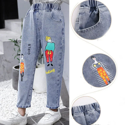 Girls Jeans Kids Cartoon Print Elastic Waist Denim Pant 2024 Spring Fall 3 To 12Yrs Teenagers Trousers Children's Cotton Clothes