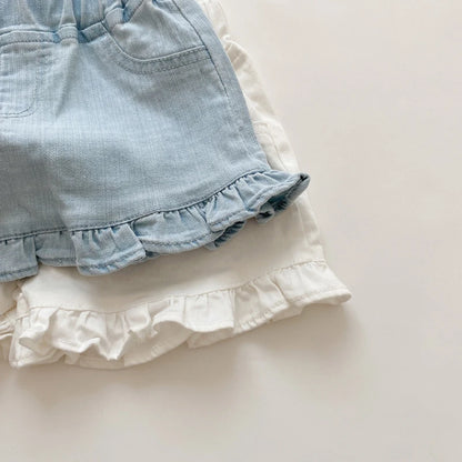 Children New Summer Kids Girls Ruffle Shorts Solid Brief Denim Children's Wear Teenage Girl Jeans