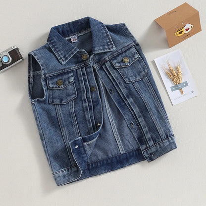 Children s Denim Vest with Turn-down Collar and Button Closure Sleeveless Casual Jacket for Boys and Girls