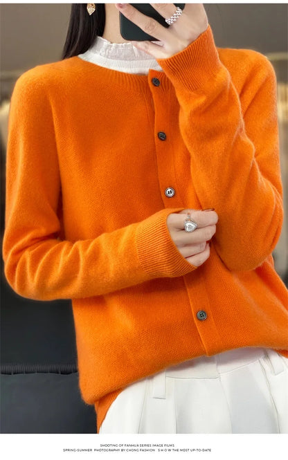 2024Spring and Autumn  New 100% pure merino cashmere sweater women's O-neck cardigan loose long-sleeved sweater top