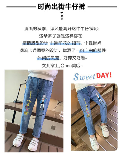 Girls Jeans Kids Cartoon Print Elastic Waist Denim Pant 2024 Spring Fall 3 To 12Yrs Teenagers Trousers Children's Cotton Clothes