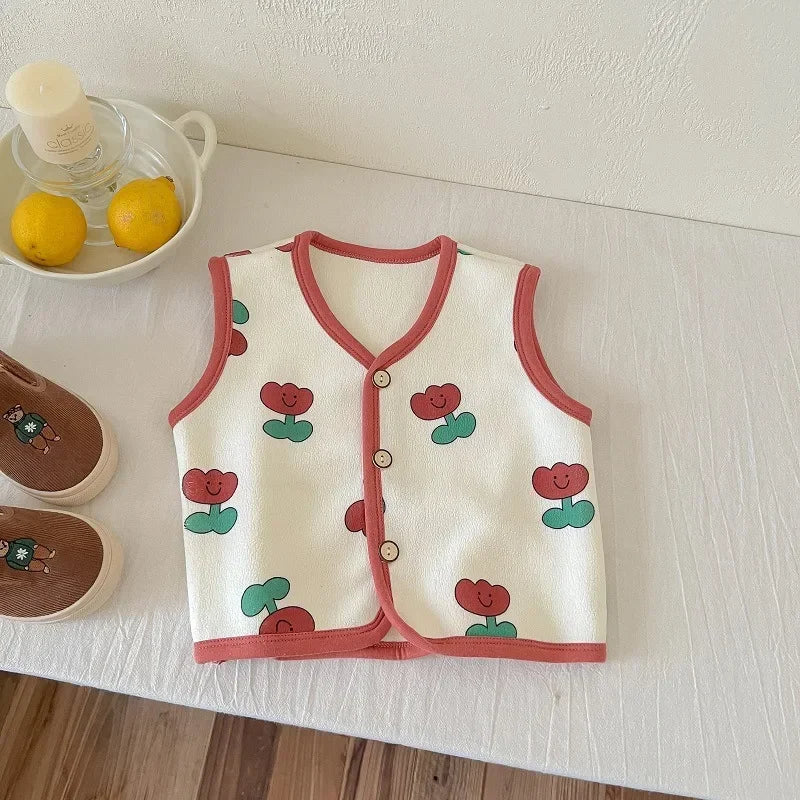 Winter Baby Vests Fleece Sleeveless Jackets for Kids Warm Boys Girls Windbreaker Cartoon Flower Cute Toddler Waistcoat Clothing