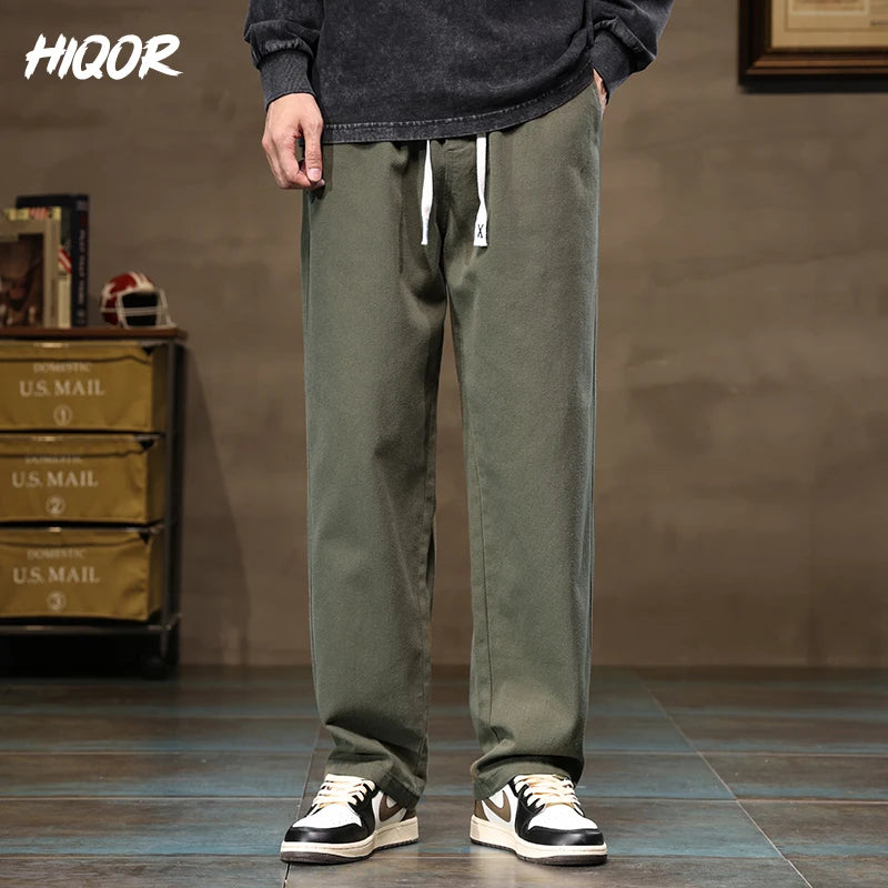 HIQOR Men Casual Pants Fashion Jogger Pant Loose Straight Wide Leg Trousers Cotton Vintage Cargo Pants Man Solid Streetwear Men