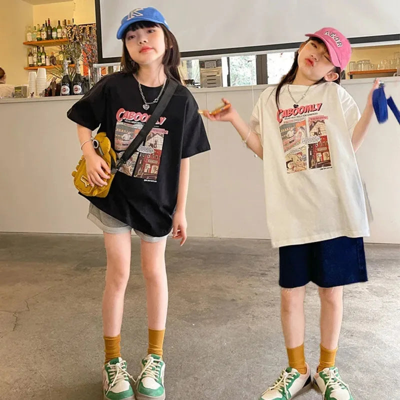 Summer School Kids Cotton Loose Four-Frame Comics Half Sleeves Tee Tops Baby Girls Short-Sleeved T-Shirt Child Outerwear 1-16Yrs