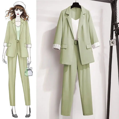 Korean Style Summer Thin Jacket Blazer Casual Wide Leg Pants Two-piece Elegant Women's Pants Set Office Business Suit Outfits